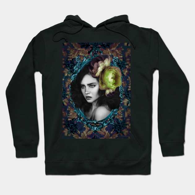 Green Vintage flower Victorian Portrait Contemporary Digital Art Hoodie by Relaxing Art Shop